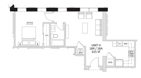 Floor plan for 1 bed, 1 bath, 615 sqft